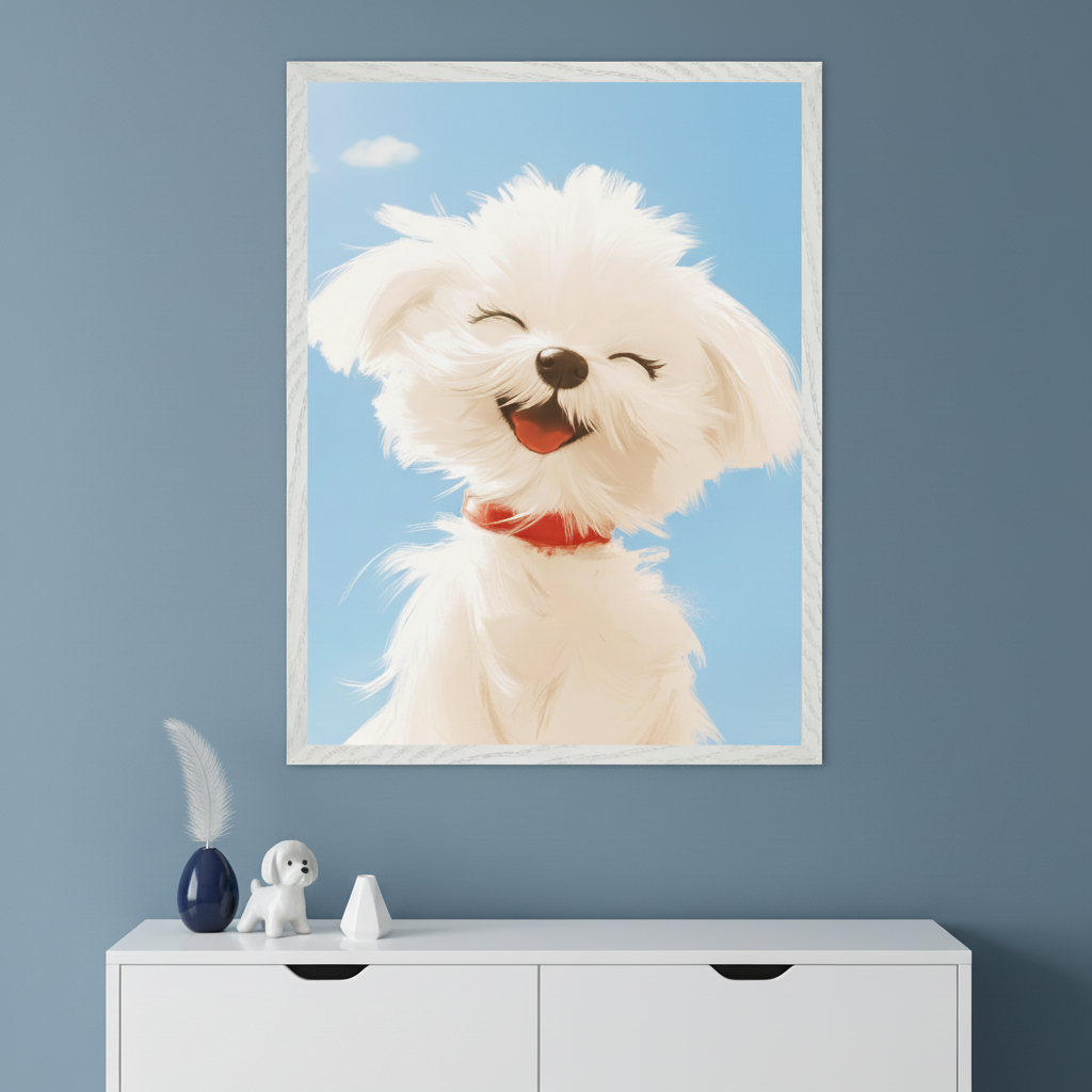 Modern room with a blue wall and white dresser. A large framed illustration of a fluffy white dog with a red collar, eyes closed, tongue out, against a blue sky with a cloud, hangs centered above the dresser.