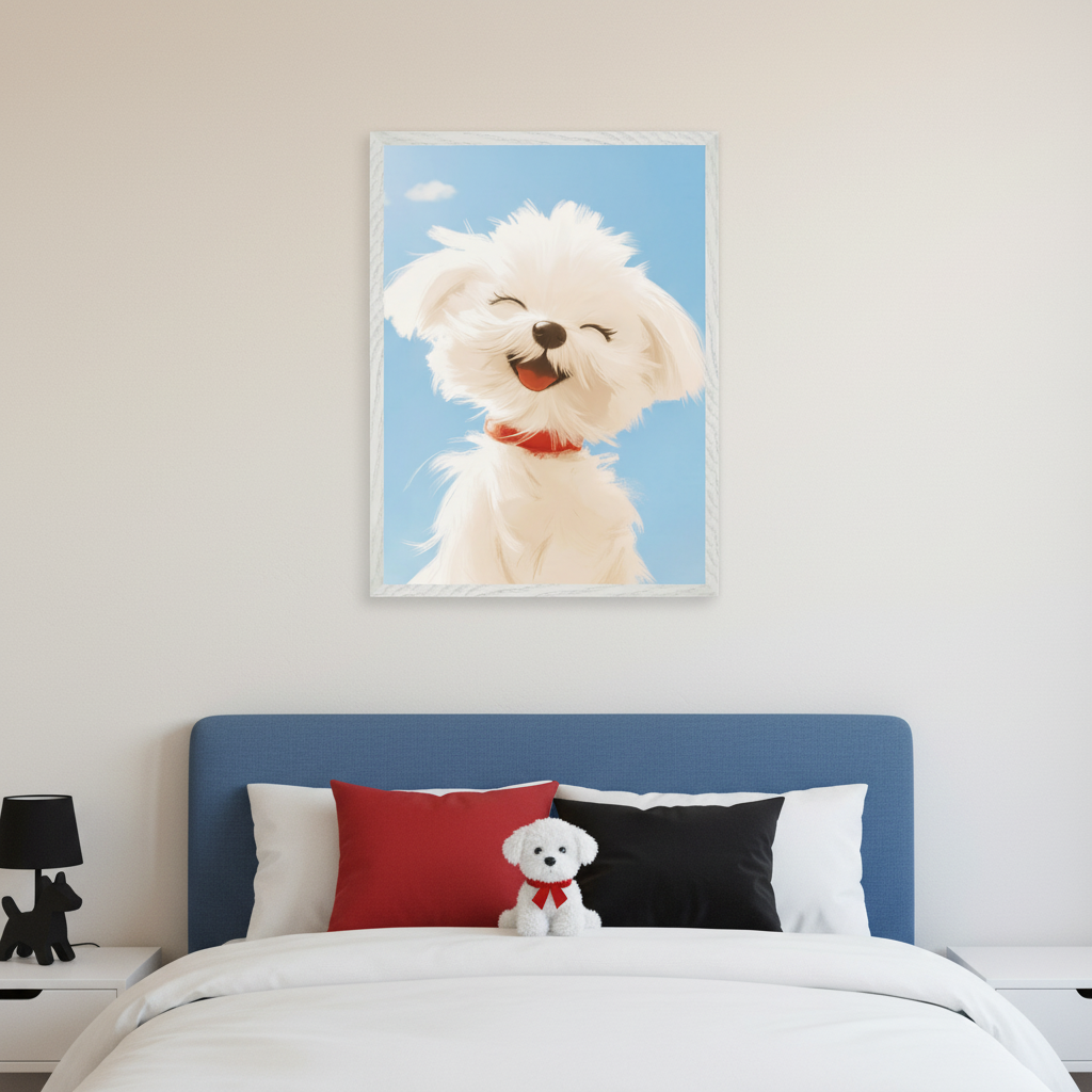 Kid's bedroom with a blue bed, white bedding, and two white nightstands. A large framed illustration of a happy white Maltese dog with a red collar against a blue sky hangs centered above the bed. A black dog-shaped lamp sits on the left nightstand.