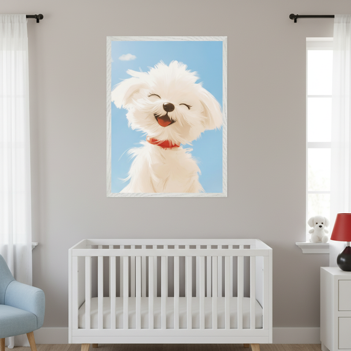 Modern nursery with a white crib. A large framed print of a smiling white dog with a red collar against a blue sky hangs centered above the crib. A light blue armchair is on the left, and a white dresser with a red lamp is on the right.