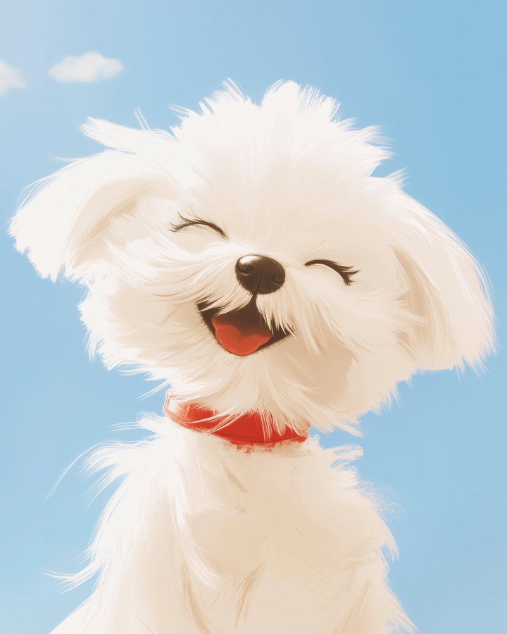 A fluffy white dog with a joyful expression and a red collar sits against a bright blue sky, its mouth open in a happy pant.