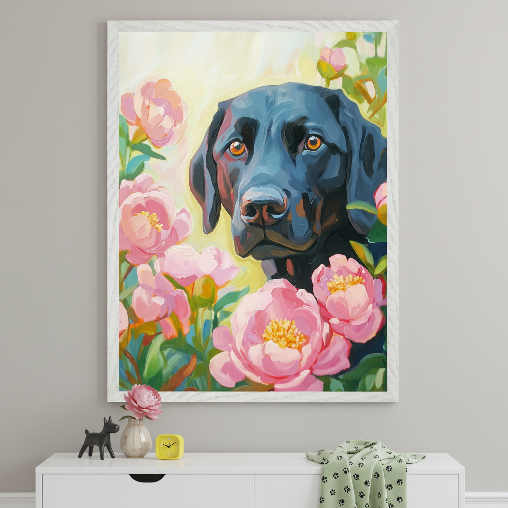 Modern room with a white dresser, displaying a dog figurine, a pink flower in a vase, and a yellow clock. A large framed painting of a black Labrador dog with orange eyes, surrounded by pink peonies in a painterly style, hangs centered above the dresser.