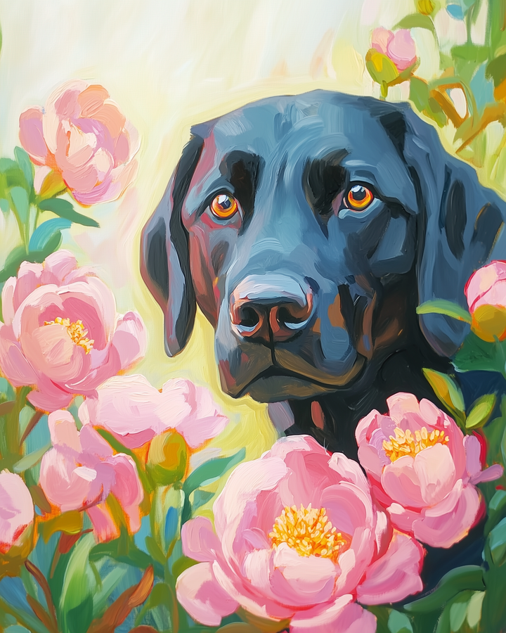 A vibrant painting of a black dog with expressive eyes surrounded by blooming pink peonies. The flowers' lush petals and rich green leaves create a colorful and lively backdrop for the dog's calm, attentive gaze.
