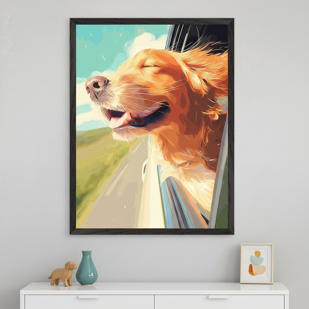 Modern room with a white dresser. A framed illustration of a golden retriever's head out a car window, eyes closed, hangs above the dresser. On the dresser are a wooden dog, a teal vase, and a small framed abstract art.