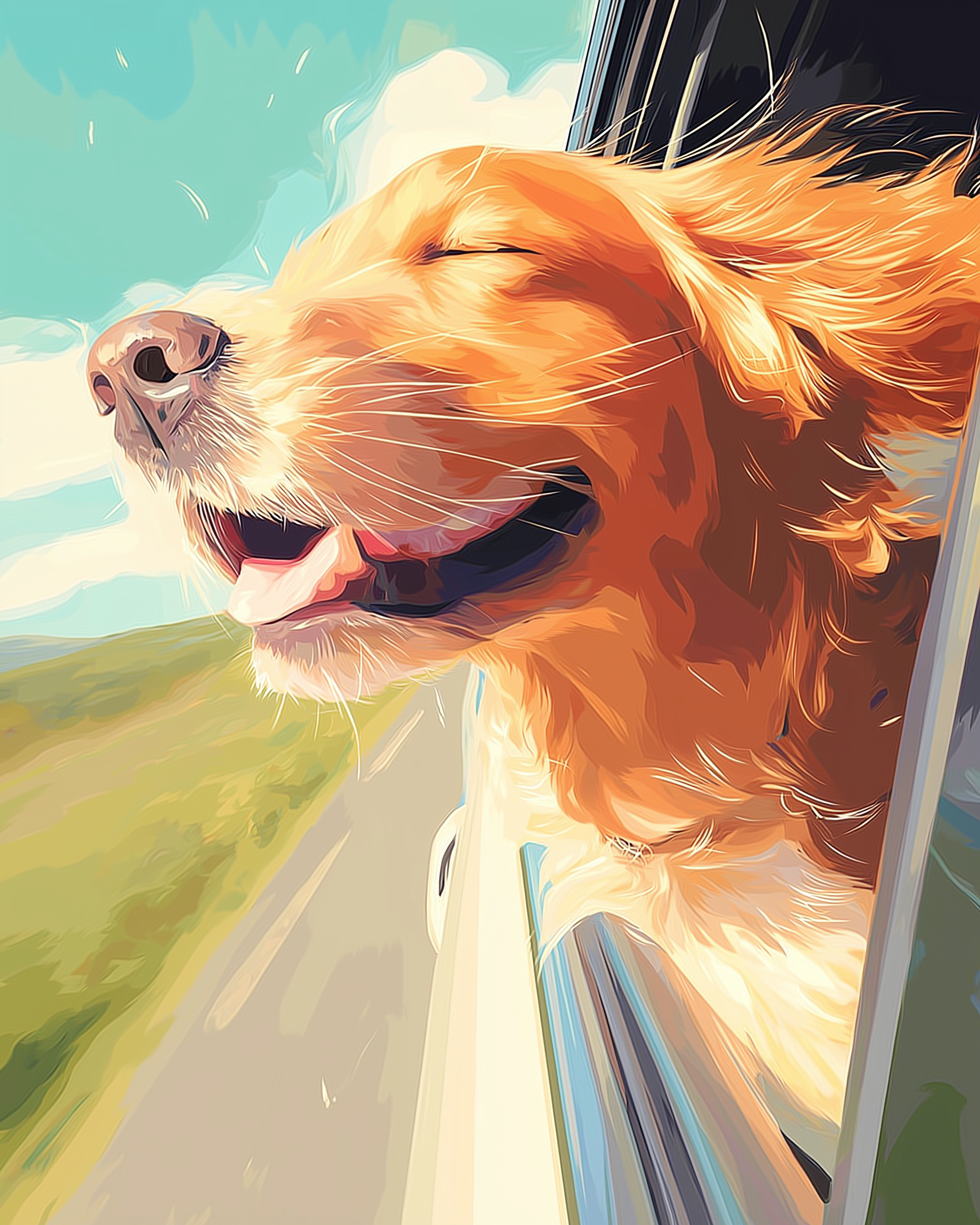 A golden retriever joyfully leans out of a car window with its eyes closed and mouth open, basking in the breeze as the vehicle moves along a scenic road under a bright blue sky.