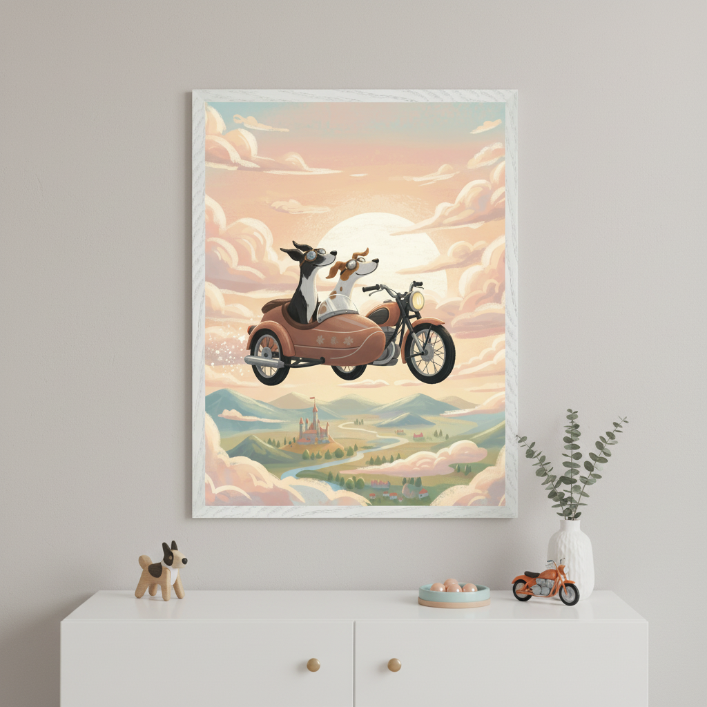 Framed whimsical illustration of two dogs flying through a dreamy pastel sky in a vintage motorcycle and sidecar, both wearing goggles. Below them is a fairytale landscape with rolling hills, castles, and soft clouds bathed in golden sunlight.