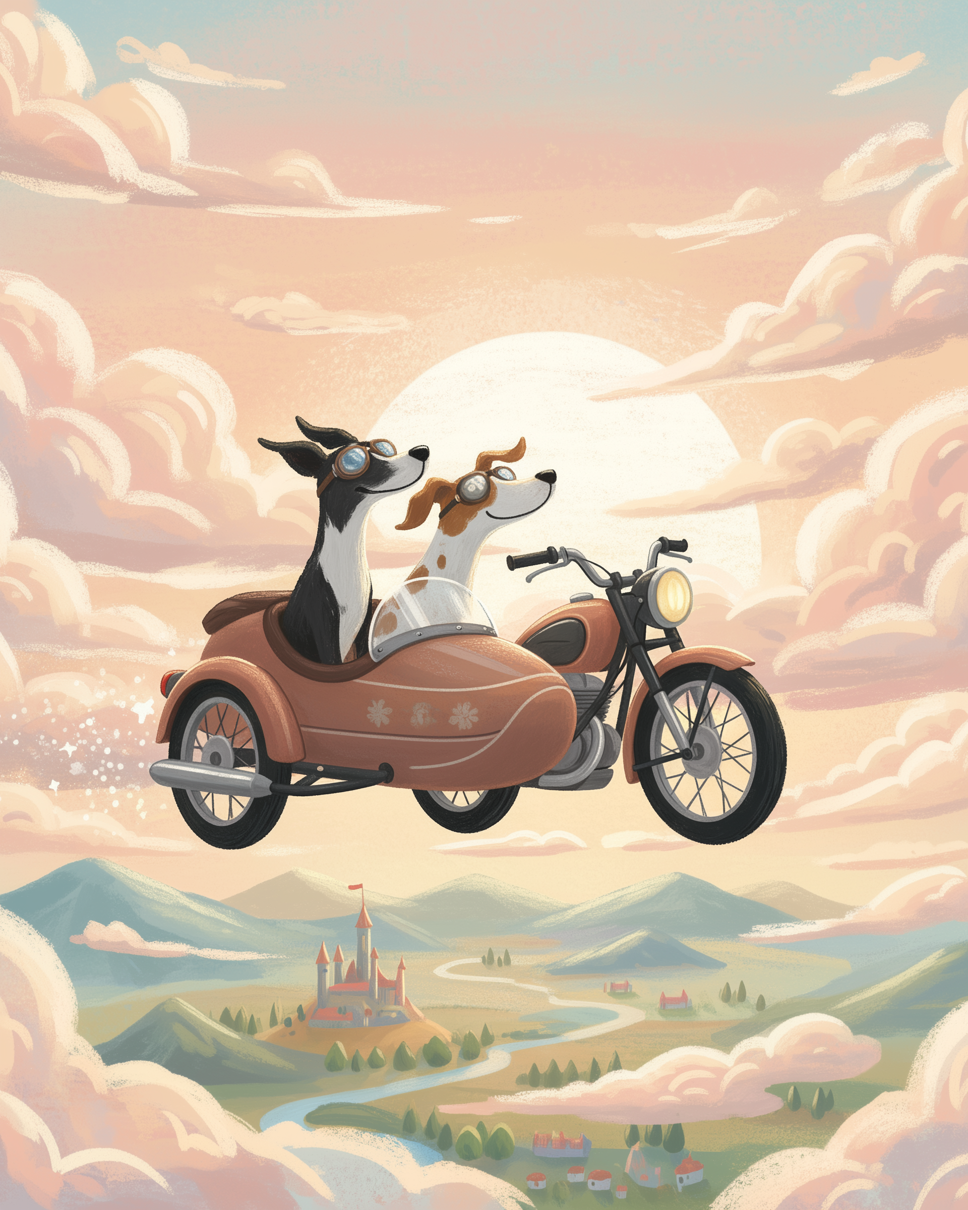 Dog Adventure Wall Art for Nursery, Playroom or Kids Bedrooms - Whimsical Clouds and Motorcycle Ride - Barkcycle