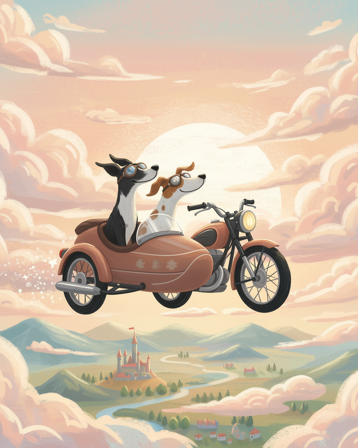 Two dogs wearing goggles are joyfully riding a flying motorcycle with a sidecar through a whimsical sky filled with fluffy clouds. Below them, a scenic landscape features rolling hills and a distant castle.