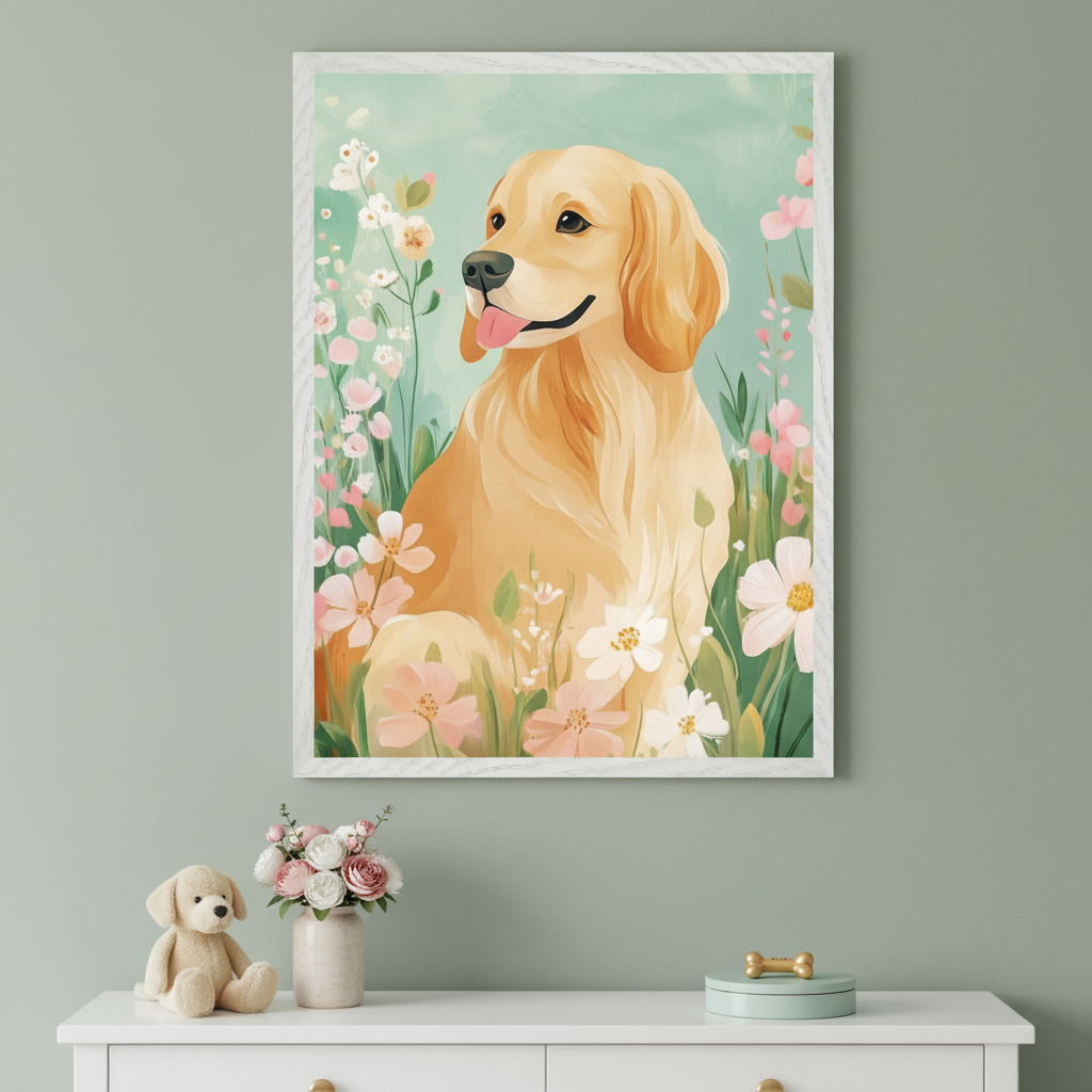 Cheerful golden retriever with its tongue out sits among soft pink and white wildflowers against a light teal background. The framed artwork rests on bubble wrap and packing paper, suggesting it's being unpacked or prepared for display.