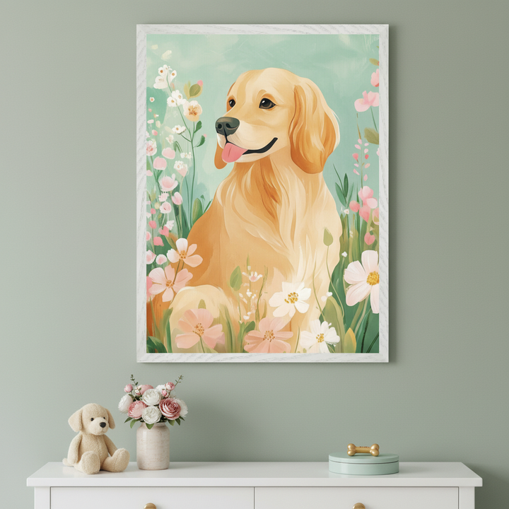 Cheerful golden retriever with its tongue out sits among soft pink and white wildflowers against a light teal background. The framed artwork rests on bubble wrap and packing paper, suggesting it's being unpacked or prepared for display.