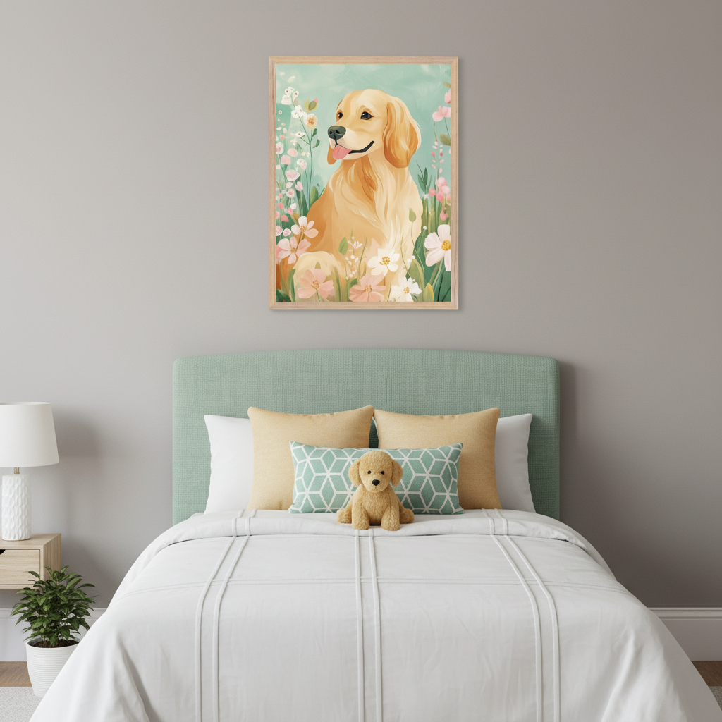 Kid's bedroom with a bed featuring a green headboard, white bedding, and a nightstand. A framed painting of a golden retriever in a field of pink and white flowers, in a painterly style, hangs on the wall above the bed.