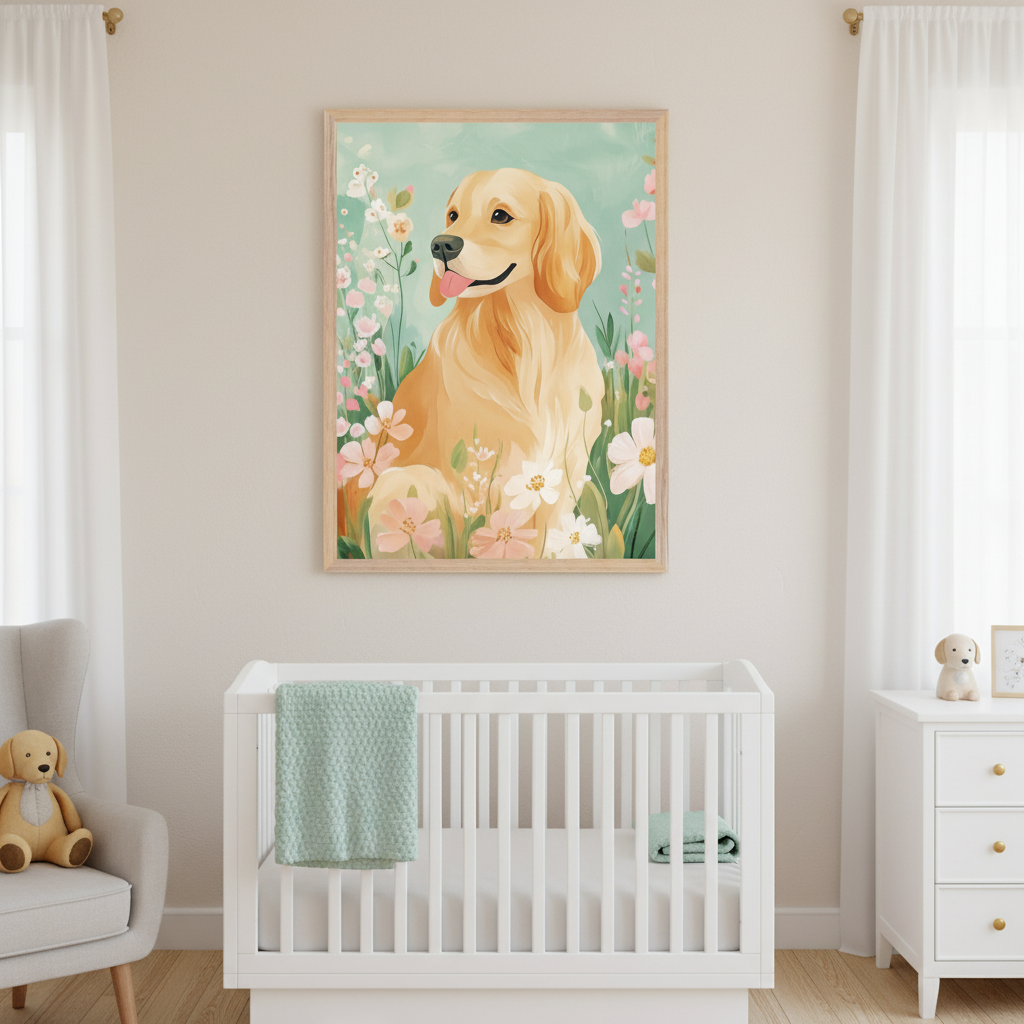 Neutral nursery with a white crib, gray armchair, and white dresser. A large framed print of a watercolor golden retriever dog sitting in a field of pink and white flowers hangs centered above the crib.