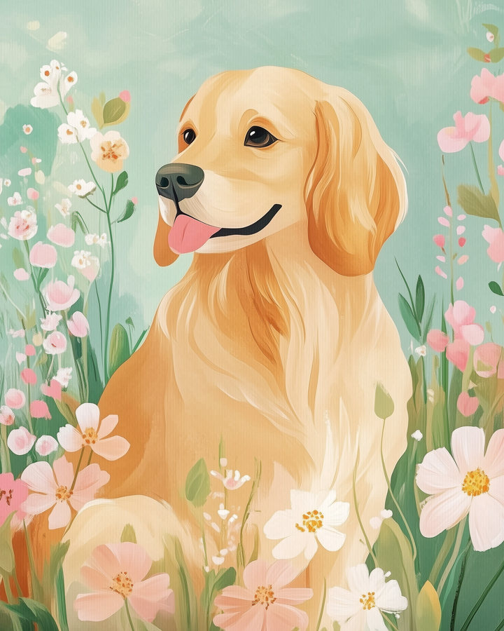 A golden retriever sits happily among colorful wildflowers, with its tongue out and a cheerful expression, set against a soft, pastel background.