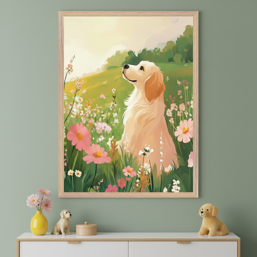 Golden retriever sits peacefully in a colorful field of wildflowers, gazing upward with a gentle expression as the sun sets in the background. The artwork leans against a wall beside a soft blanket and a plush teddy bear, creating a warm and cozy atmosphere.