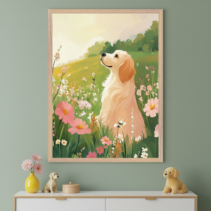 Golden retriever sits peacefully in a colorful field of wildflowers, gazing upward with a gentle expression as the sun sets in the background. The artwork leans against a wall beside a soft blanket and a plush teddy bear, creating a warm and cozy atmosphere.