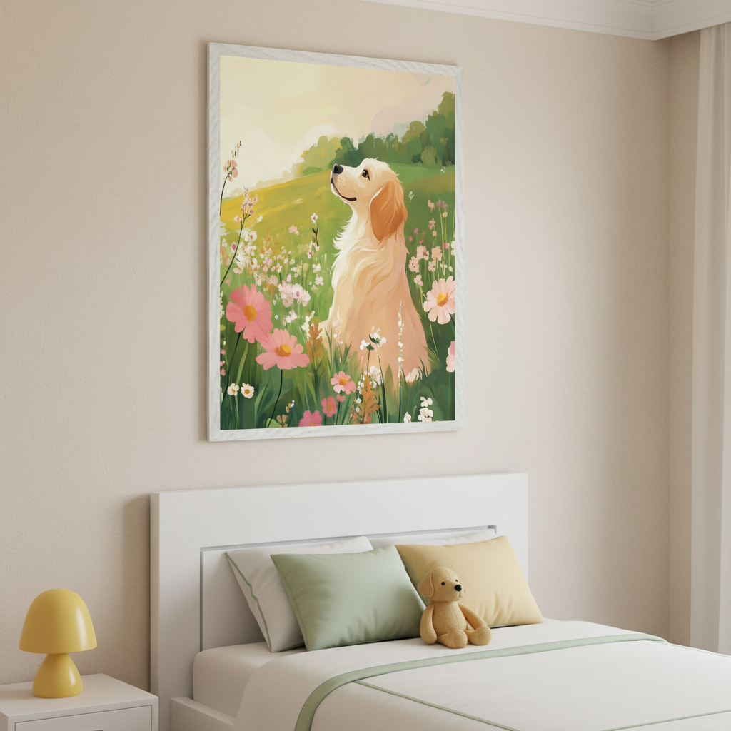 Modern bedroom with a white bed and nightstand. A large framed painterly illustration of a golden retriever dog sitting in a field of pink and white wildflowers under a sunny sky hangs above the bed.