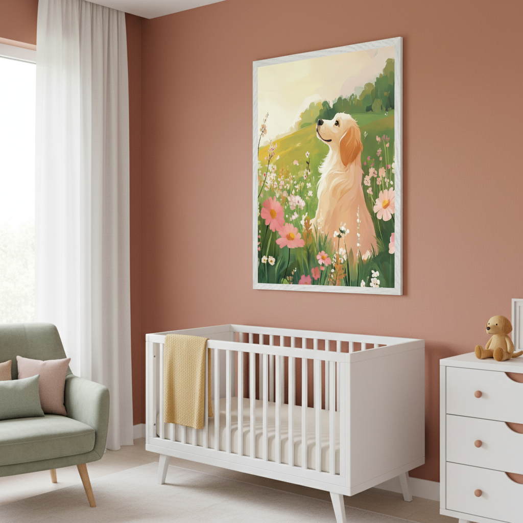 Modern nursery with a white crib, green armchair, and white dresser. A large framed painterly print of a golden retriever in a field of pink flowers hangs on the terracotta wall above the crib.