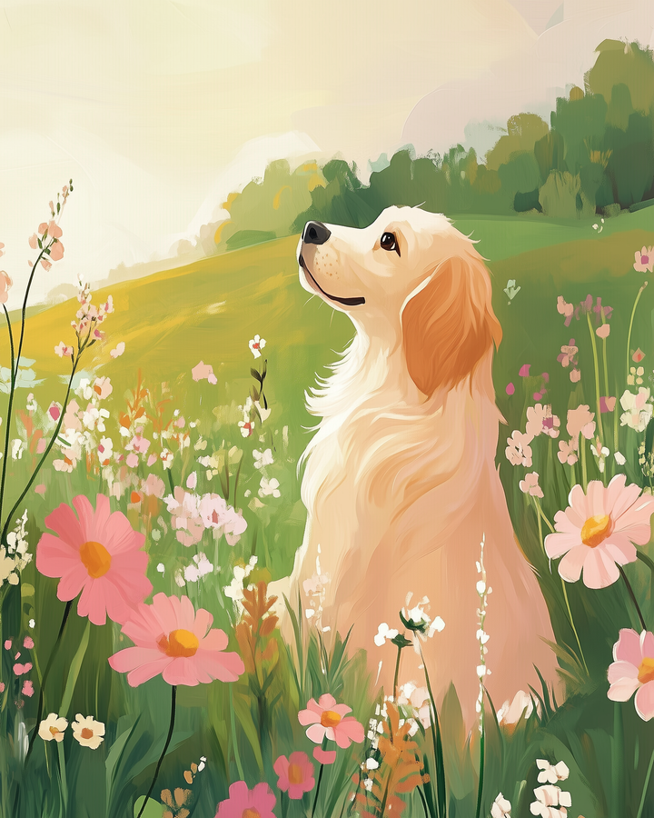 A golden retriever sits serenely in a vibrant field of wildflowers, with pink and white blooms surrounding it under a soft, sunny sky.