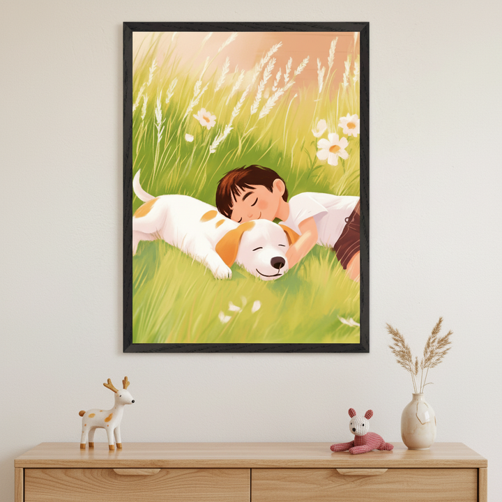 A young boy peacefully naps beside a small white dog with brown spots, both lying on lush green grass. The sunlit meadow is dotted with white daisies and tall, gentle grasses swaying in the breeze.