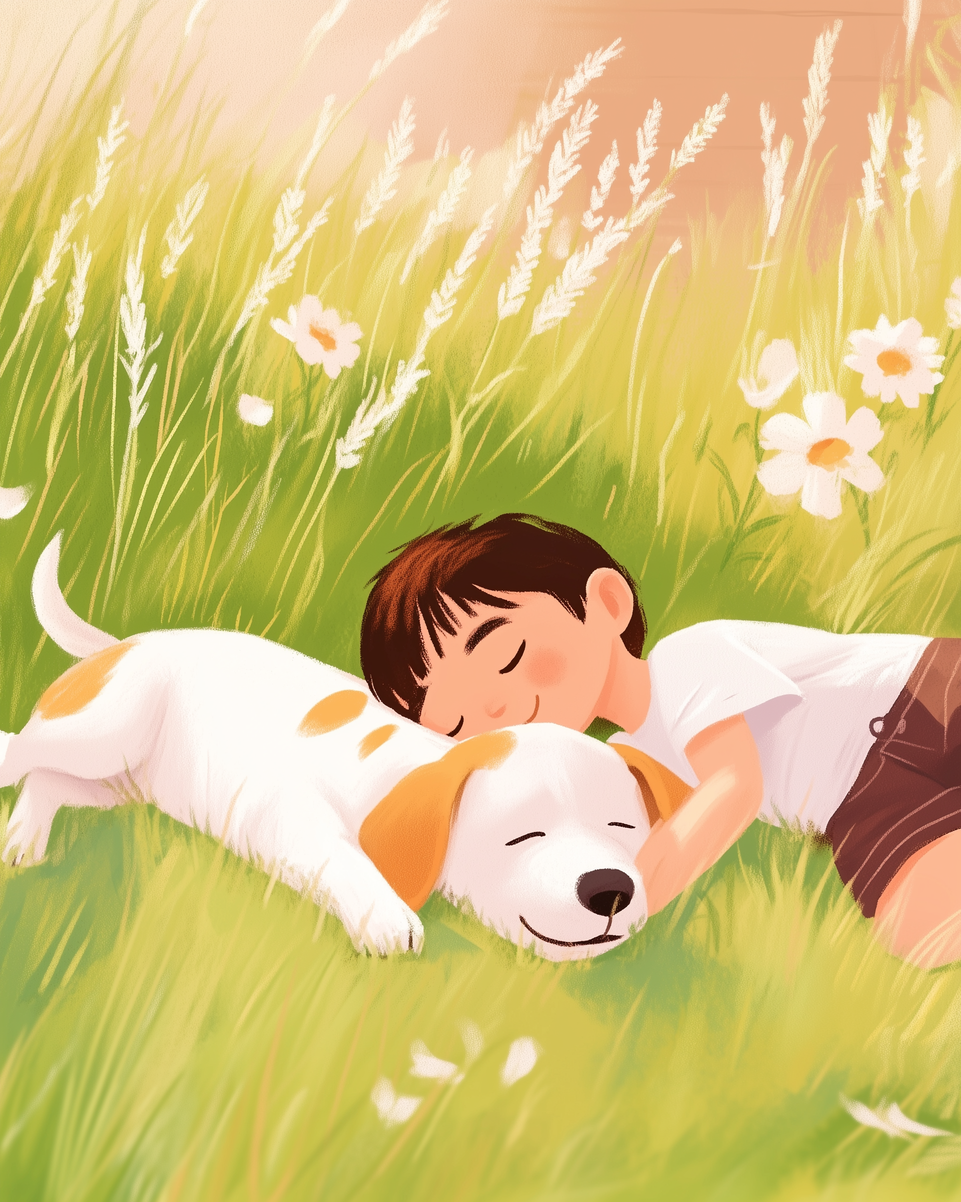 A young child peacefully naps in a sunny meadow, resting their head on a sleeping white dog with brown patches. The lush green grass is dotted with delicate white flowers, creating a serene and idyllic scene.