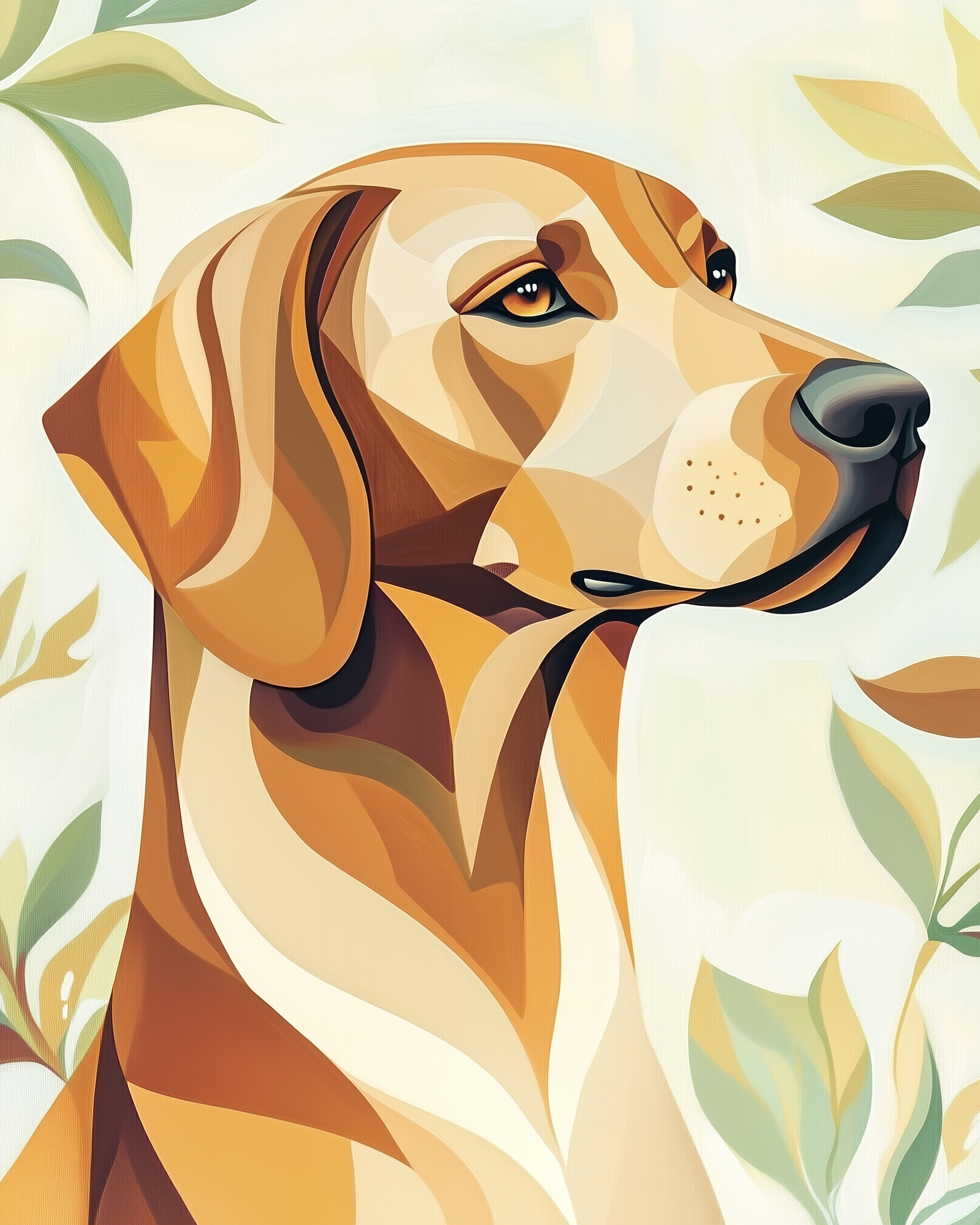 A stylized illustration of a dog with a sleek, golden-brown coat, gazing thoughtfully to the side. The background features soft, abstract leaves in muted green and beige tones, enhancing the elegant composition.