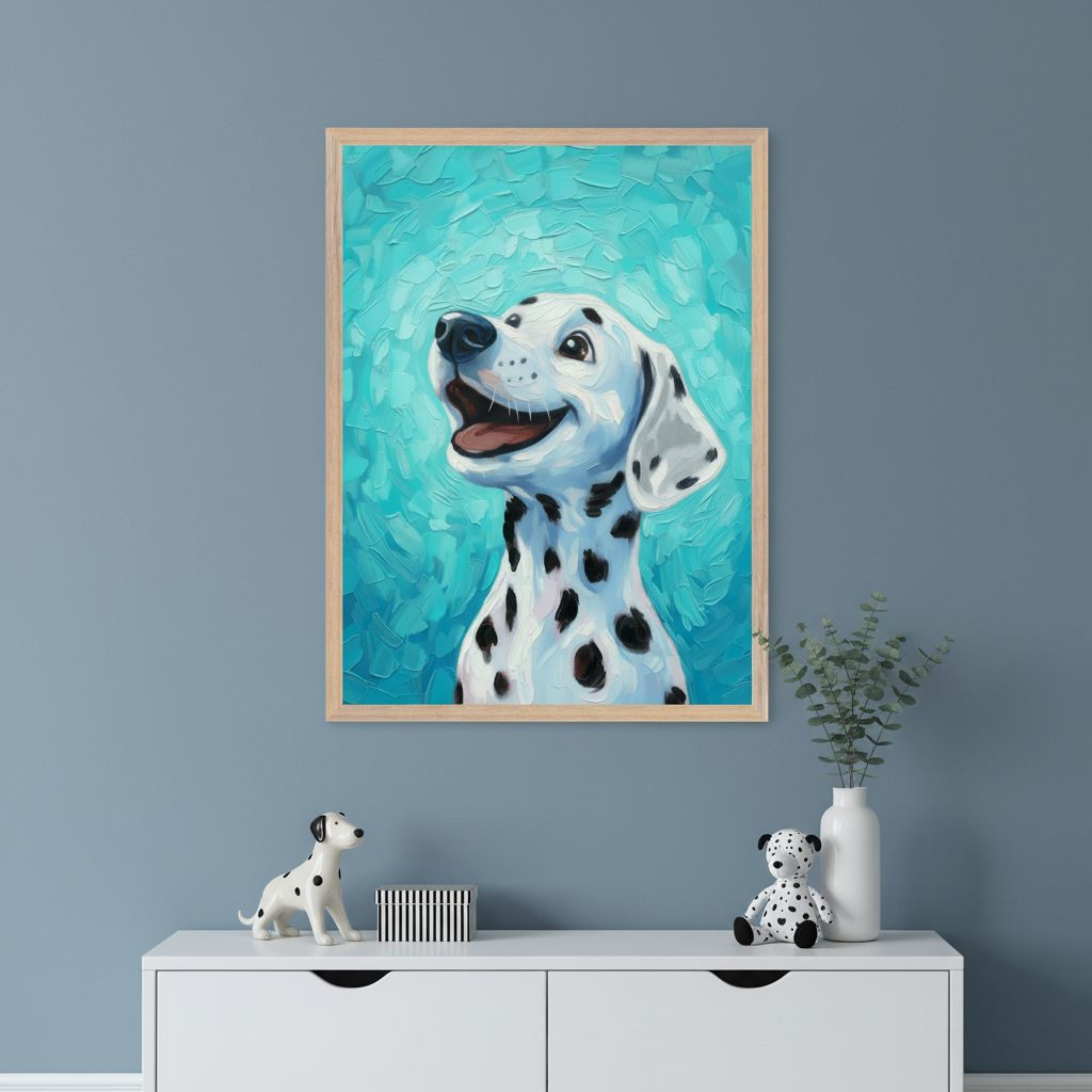 Artwork of a smiling Dalmatian dog with a bright blue textured background, displayed above a white dresser with a ceramic Dalmatian figurine and a matching plush toy.