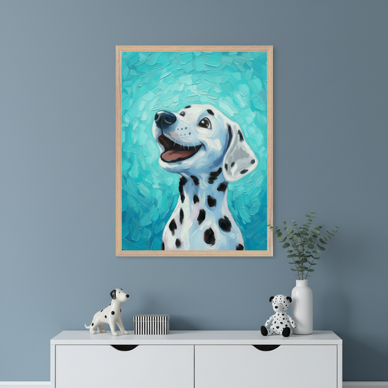Artwork of a smiling Dalmatian dog with a bright blue textured background, displayed above a white dresser with a ceramic Dalmatian figurine and a matching plush toy.