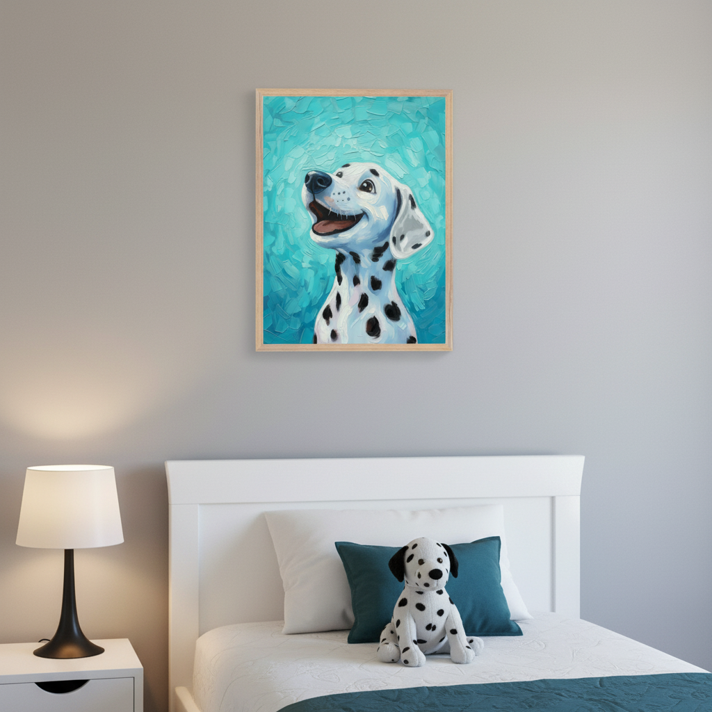 Playful Dalmatian portrait in a light wooden frame hangs above a white bed, complemented by a Dalmatian stuffed animal and teal bedding.
