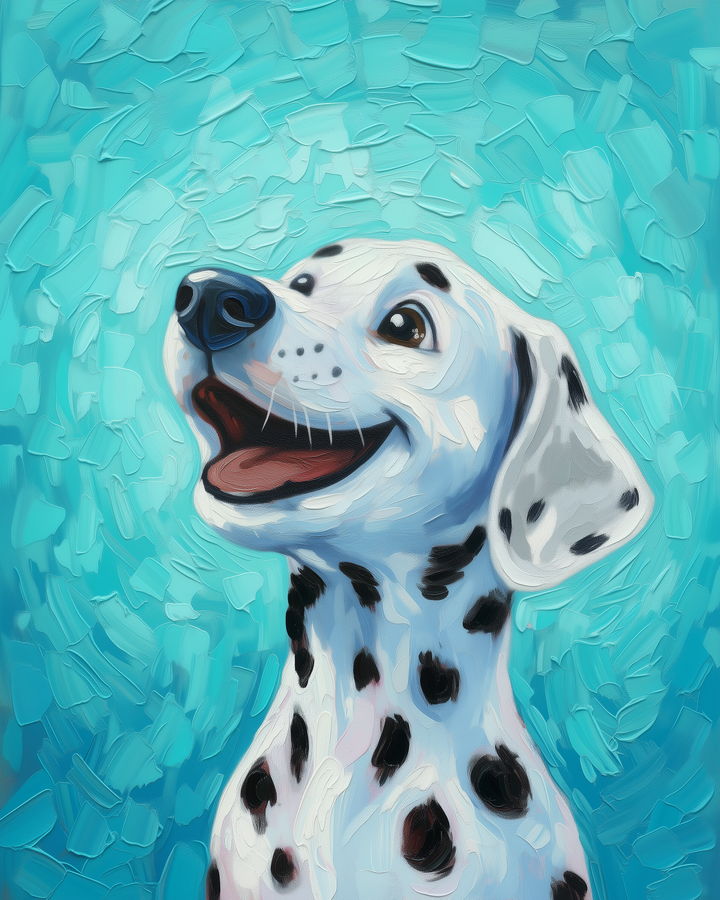 A cheerful Dalmatian with a wide smile and bright eyes is depicted against a textured, swirling turquoise background. The dog's distinctive black spots contrast with its white fur, creating a lively and animated expression.