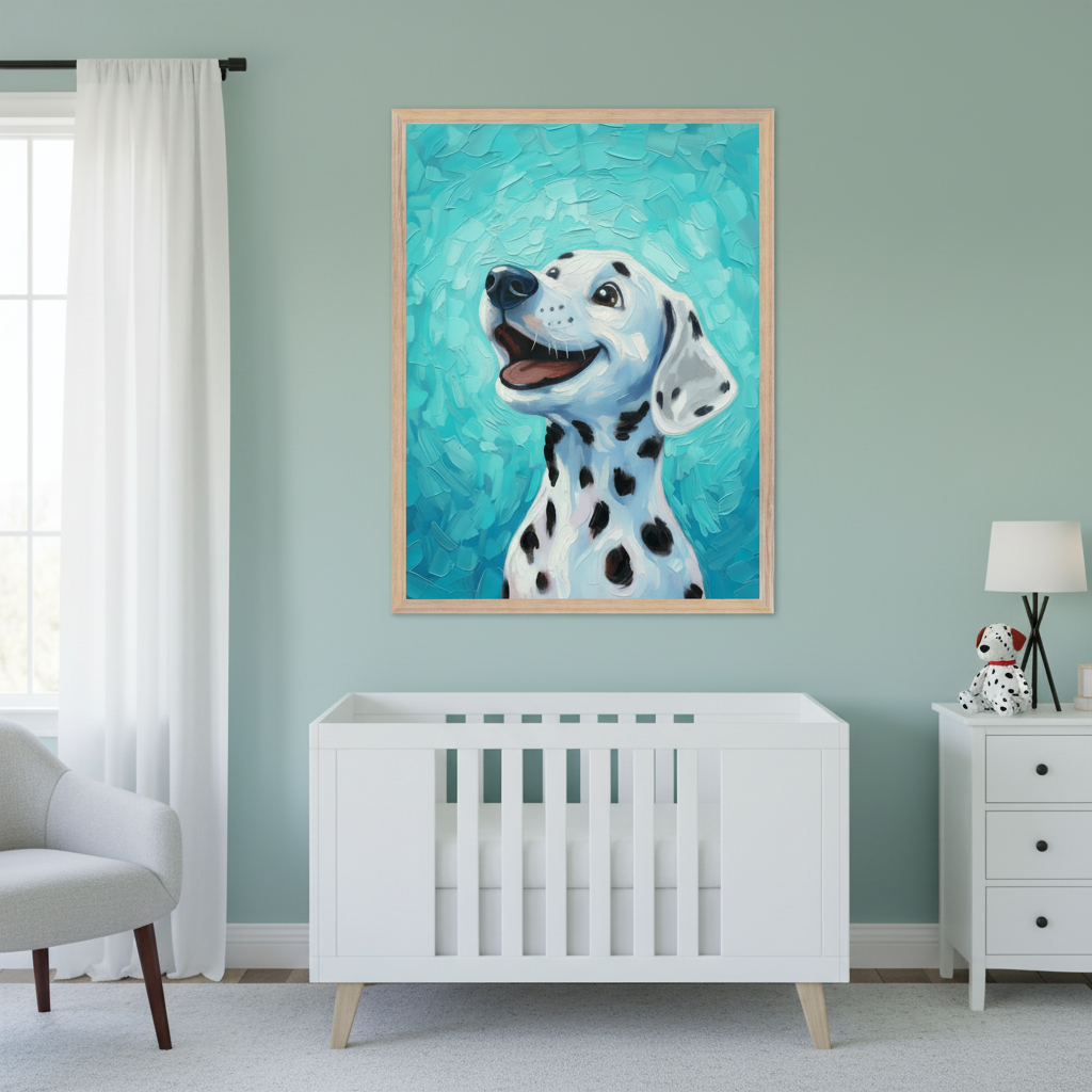 Cheerful Dalmatian artwork with a swirling teal backdrop decorates a nursery wall above a white crib, styled with a plush Dalmatian toy on the nightstand.