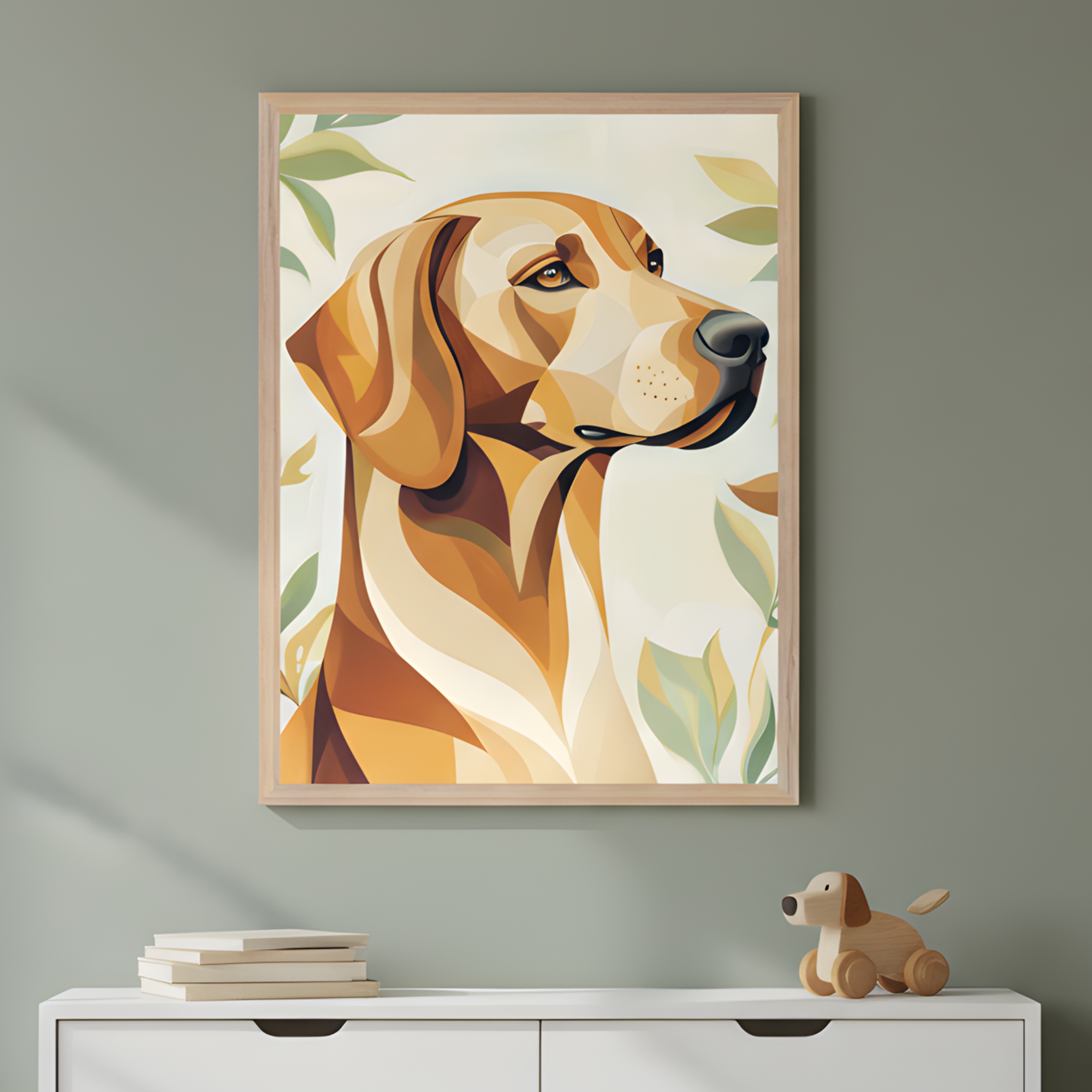 Framed abstract painting of a brown dog with droopy ears, created in warm earthy tones with layered shapes, hanging on a muted green wall above a white dresser. A small stack of books and a wooden dog toy sit on the dresser, adding a cozy and playful touch to the space.