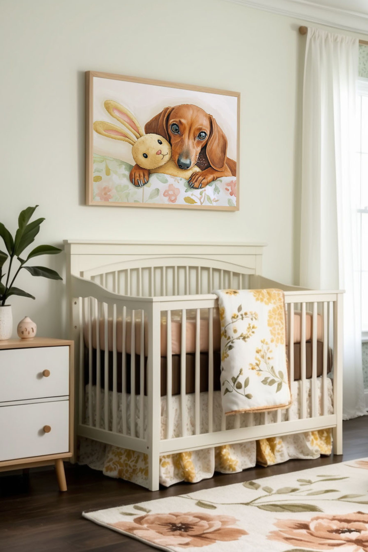 Affectionate Dog Wall Art for Nursery, Playroom or Kids Bedrooms - Dachshund with Bunny Friendship Decor - Pup & Bun