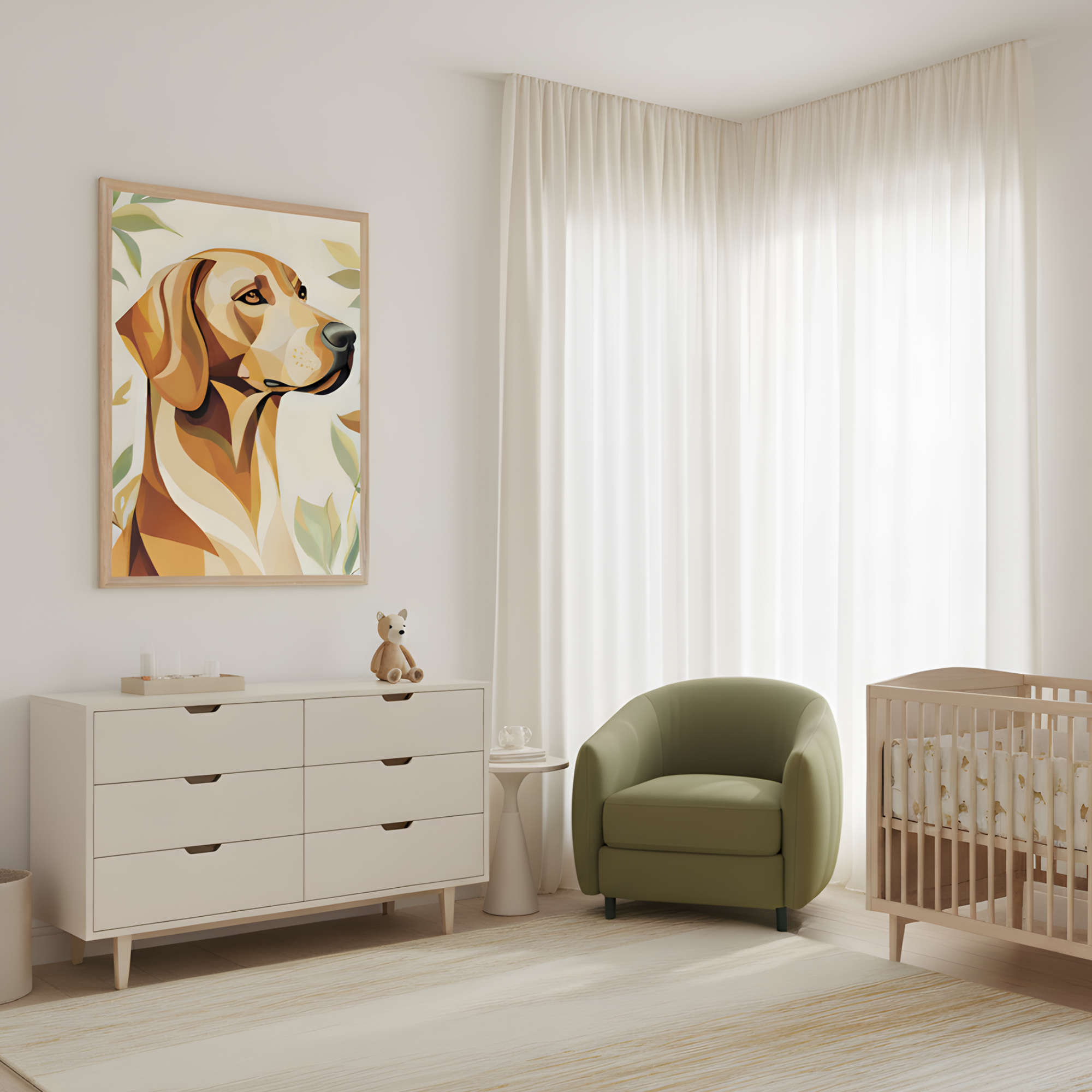 Bright and airy nursery featuring a framed abstract dog painting in warm tones hanging above a white dresser with a small teddy bear on top. The room includes a green armchair, a light wood crib with patterned bedding, and soft natural light filtering through sheer curtains, creating a cozy and calming space.