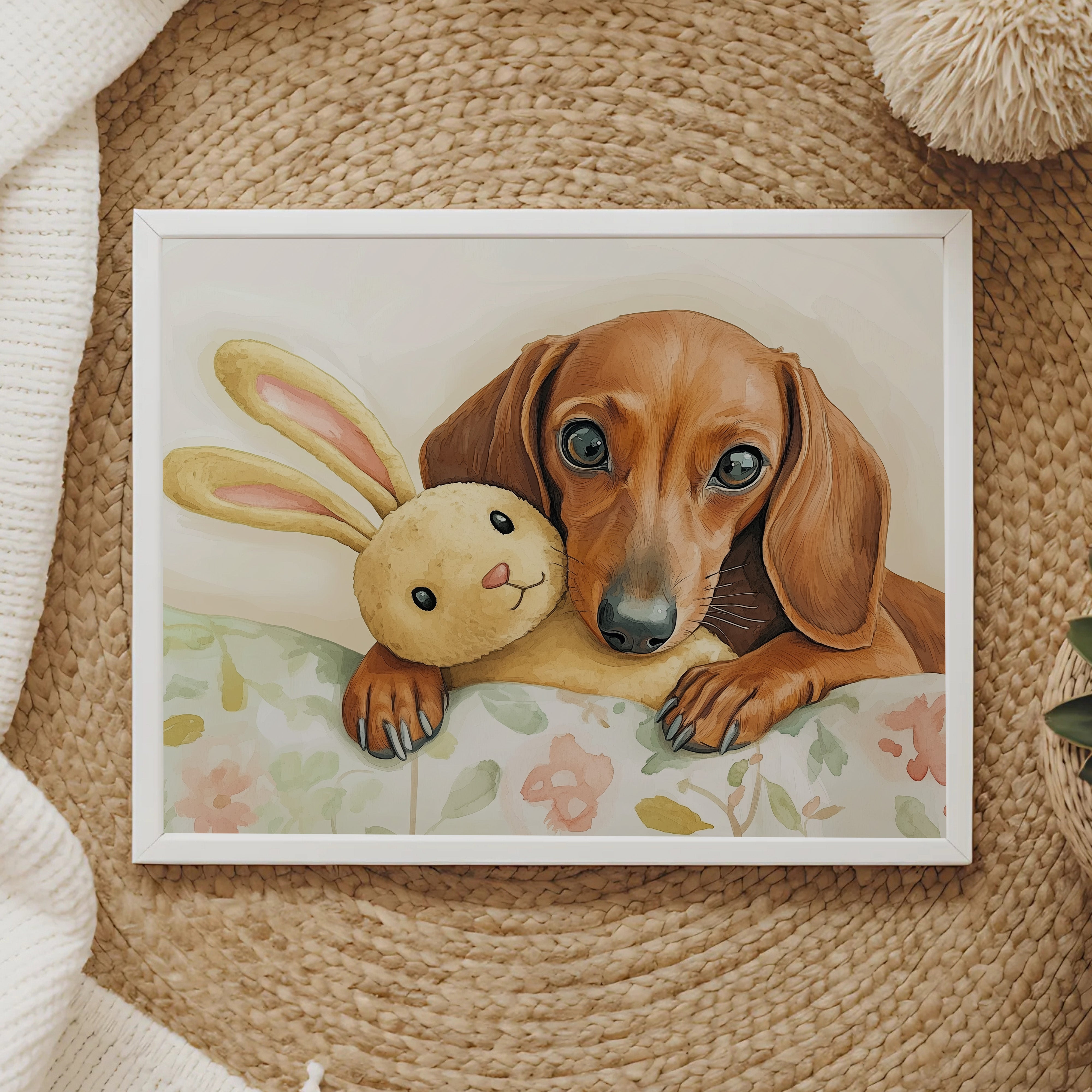 Affectionate Dog Wall Art for Nursery, Playroom or Kids Bedrooms - Dachshund with Bunny Friendship Decor - Pup & Bun