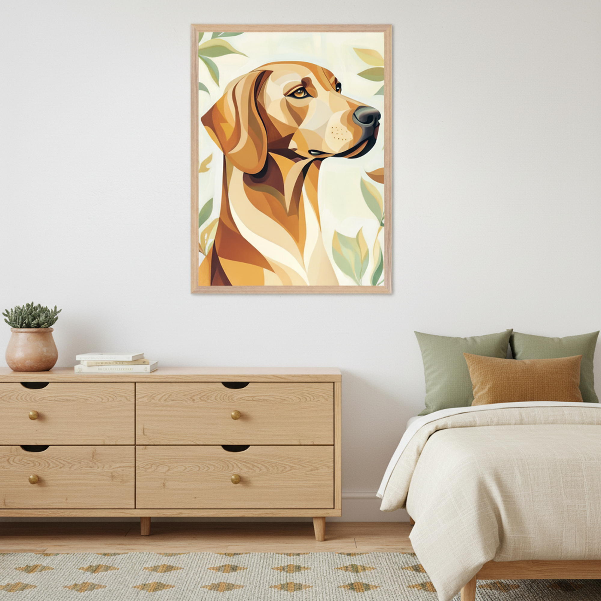 Modern bedroom with neutral tones featuring a large abstract painting of a brown dog with droopy ears, framed in light wood and centered above a wooden dresser. The room includes a neatly made bed with green and rust-colored pillows and minimal decor, creating a calm, cozy atmosphere.