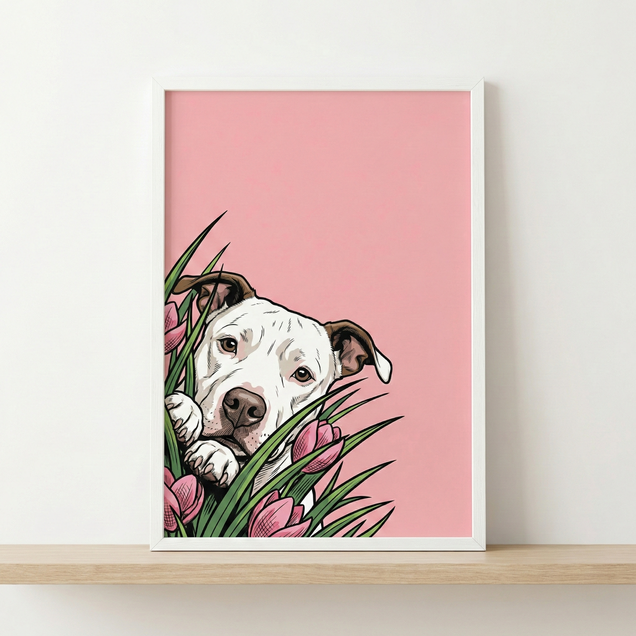 A framed digital illustration of a white, short-haired dog with brown ears peeking out from behind green leaves and pink flowers. The artwork features a solid pink background and is rendered in a stylized, illustrative manner with bold black outlines. The white frame is displayed on a light wooden shelf against a neutral white wall.