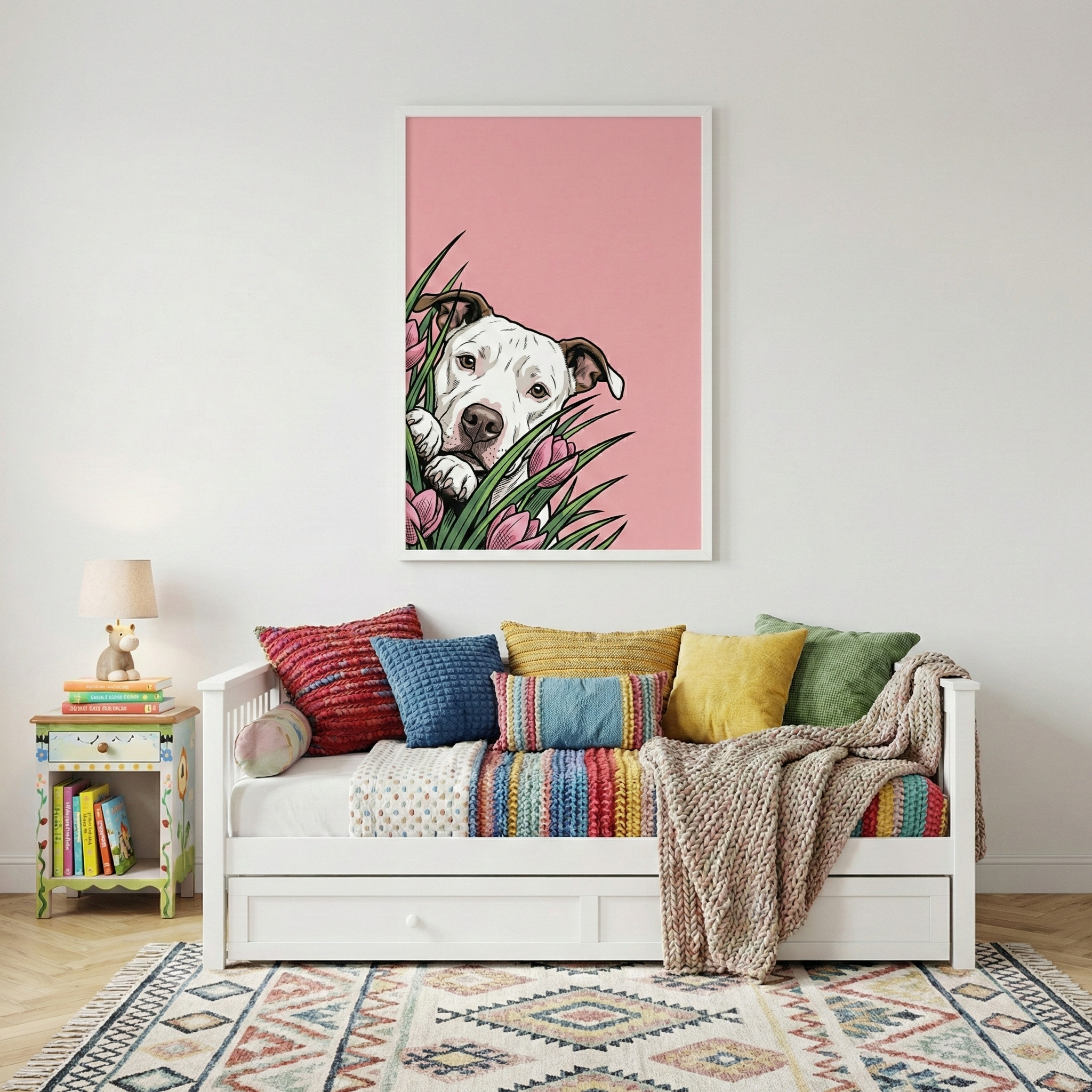 A brightly decorated room features a white wooden daybed against a plain wall. The bed is adorned with textured pillows in red, blue, yellow, and green, along with a multi-colored striped throw and a heavy beige knit blanket. Above the bed, a large framed illustration shows a white dog peeking through green grass and pink tulips against a pink backdrop. To the left, a colorful hand-painted nightstand holds books and a small animal-shaped lamp. A patterned geometric rug sits on the wood floor.