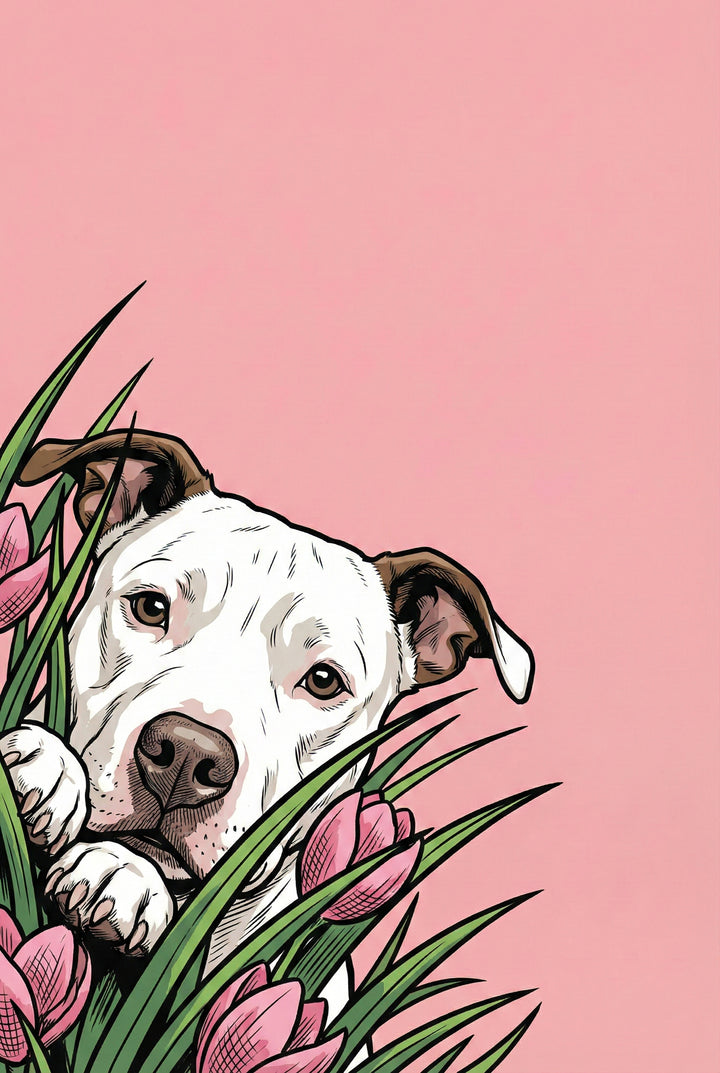 A graphic illustration of a white-and-brown dog with large brown eyes peeking through a dense patch of green grass and pink tulips. The dog rests its paws on the foliage, looking forward against a solid pastel pink background. The style is defined by bold black outlines and fine line-shaded details, giving it a clean, comic-style appearance.