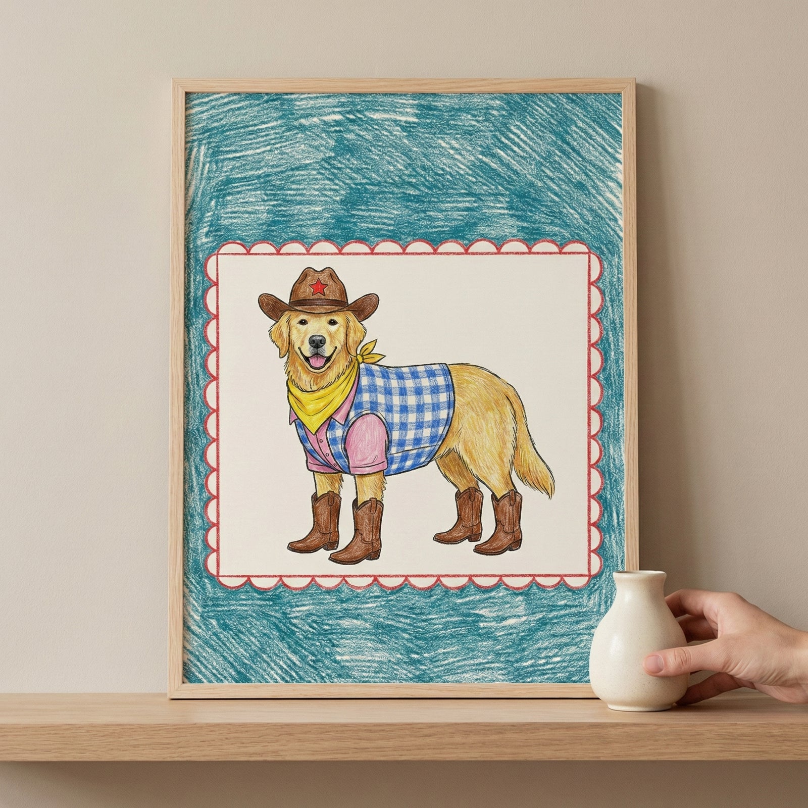 Illustration of a golden retriever dog dressed in western attire, including a cowboy hat, yellow bandana, plaid vest, and brown boots, set against a playful blue crayon-style background with scalloped edges.