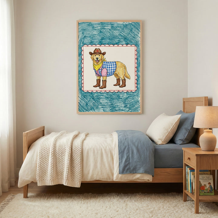 Children’s bedroom with a framed artwork of a western-dressed golden retriever dog hanging above a cozy wooden bed, styled with soft bedding and warm lighting for a playful, animal-themed space.