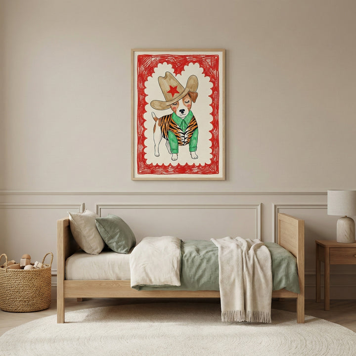 A whimsical cowboy dog portrait hangs above a neatly made child’s bed in a softly lit, neutral-toned room. The colorful western outfit and oversized hat bring a fun, dog-western-cowboy vibe to the cozy bedroom decor.