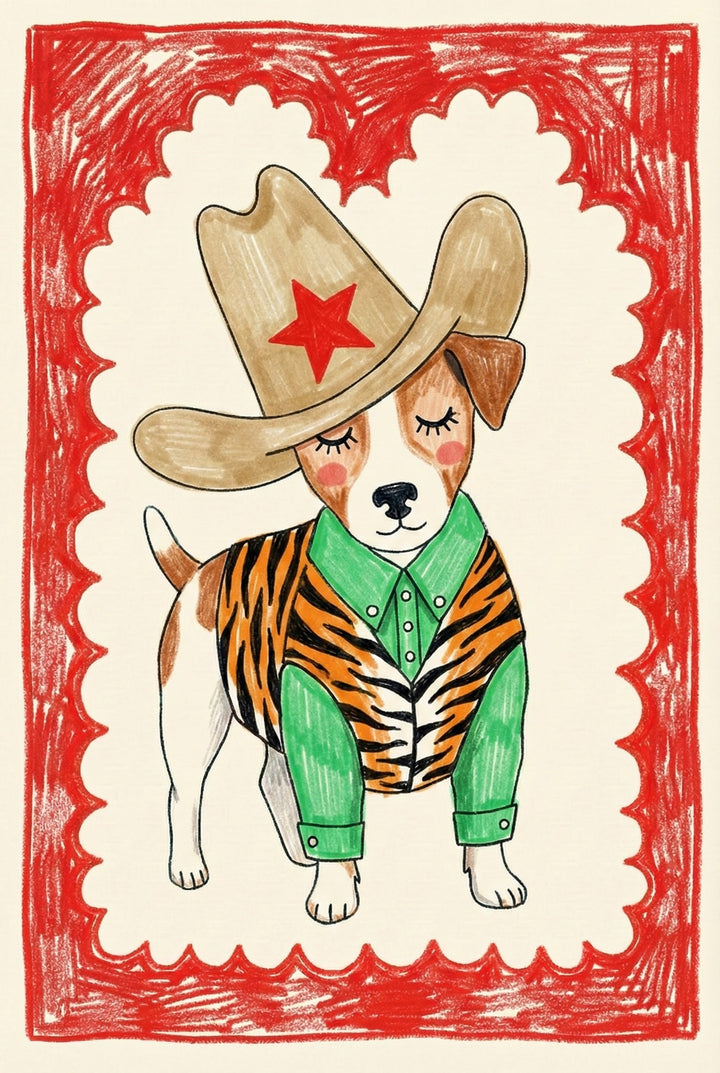 Charming illustration of a small dog wearing a large cowboy hat with a red star, a green button-up shirt, and a tiger-striped vest. The dog has blushing cheeks and closed eyes, framed by a playful red scalloped border that adds to the western whimsy.