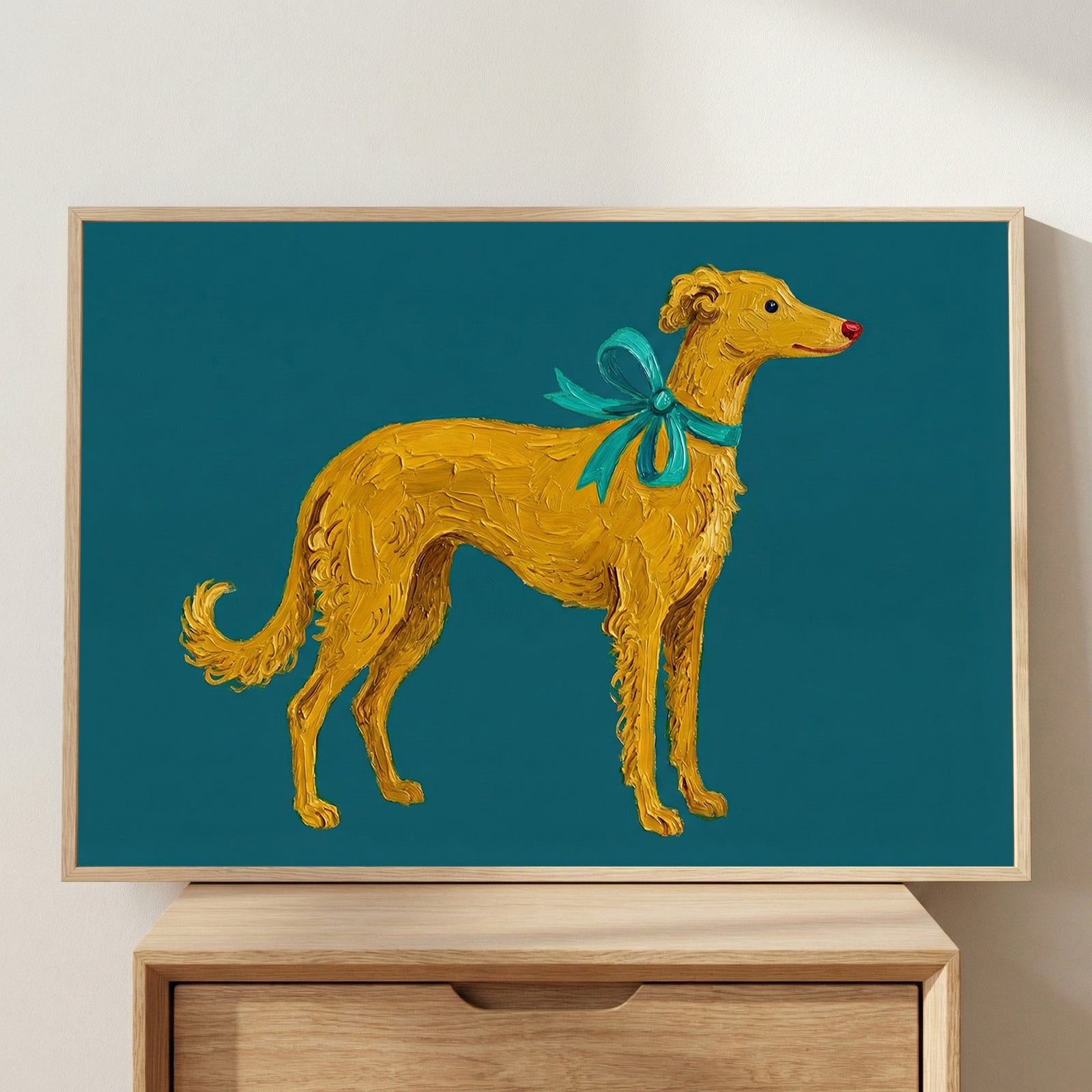 A whimsical painting of a golden dog with textured fur and a teal ribbon tied around its neck, standing against a rich teal background. The dog has a red clown-like nose, adding a quirky and endearing touch.