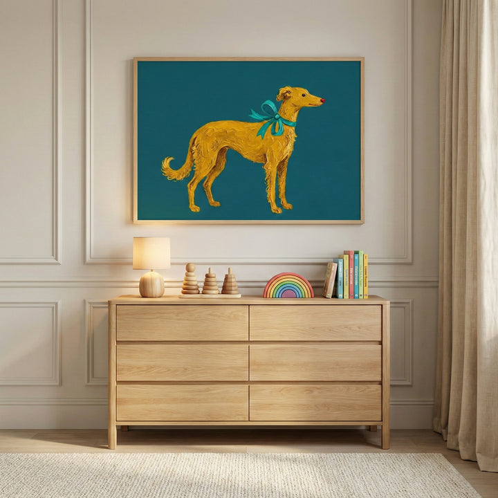 A charming golden dog illustration with a teal bow brings cheerful personality to a softly lit, minimalist nursery. The bold teal background contrasts playfully with the natural wood furniture and pastel accessories.