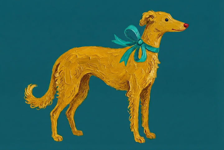 Oil painting of a slender golden dog with wavy fur, wearing a teal blue bow around its neck. The dog stands tall and alert against a deep teal background, with a red nose adding a whimsical touch.