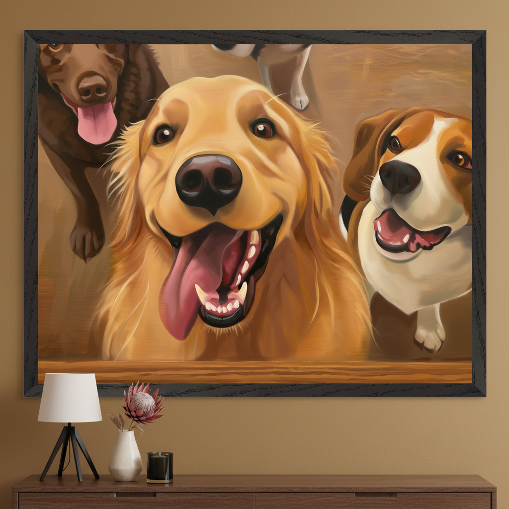 Modern room with a dark wooden dresser. A large black-framed painting of a golden retriever, chocolate lab, and beagle, with the golden retriever in the foreground looking up, is centered above the dresser. A lamp, vase with a flower, and a candle are on the dresser.