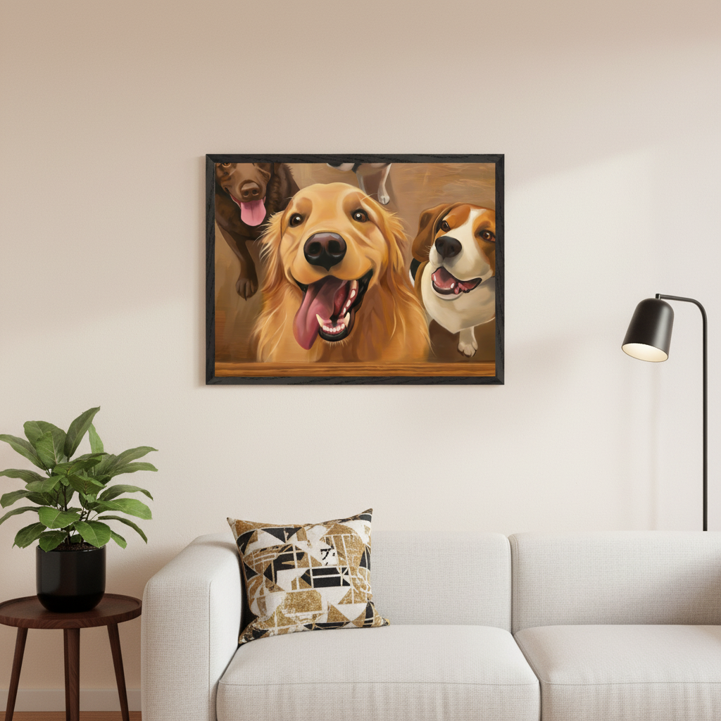Modern living room with a white sofa. A large framed painting of three happy dogs, a golden retriever, chocolate lab, and beagle, hangs centered above the sofa in a realistic style.