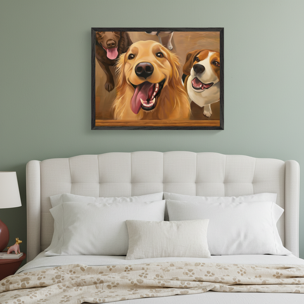 Modern bedroom with a white tufted headboard bed. A framed realistic painting depicting a golden retriever, a brown lab, and a beagle looking up hangs centered above the bed on a sage green wall.