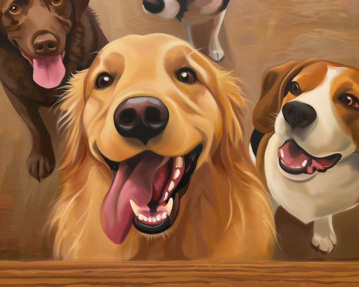 Playful digital illustration of three excited dogs — a golden retriever front and center with its tongue out, a brown lab, and a beagle — all looking up joyfully.

