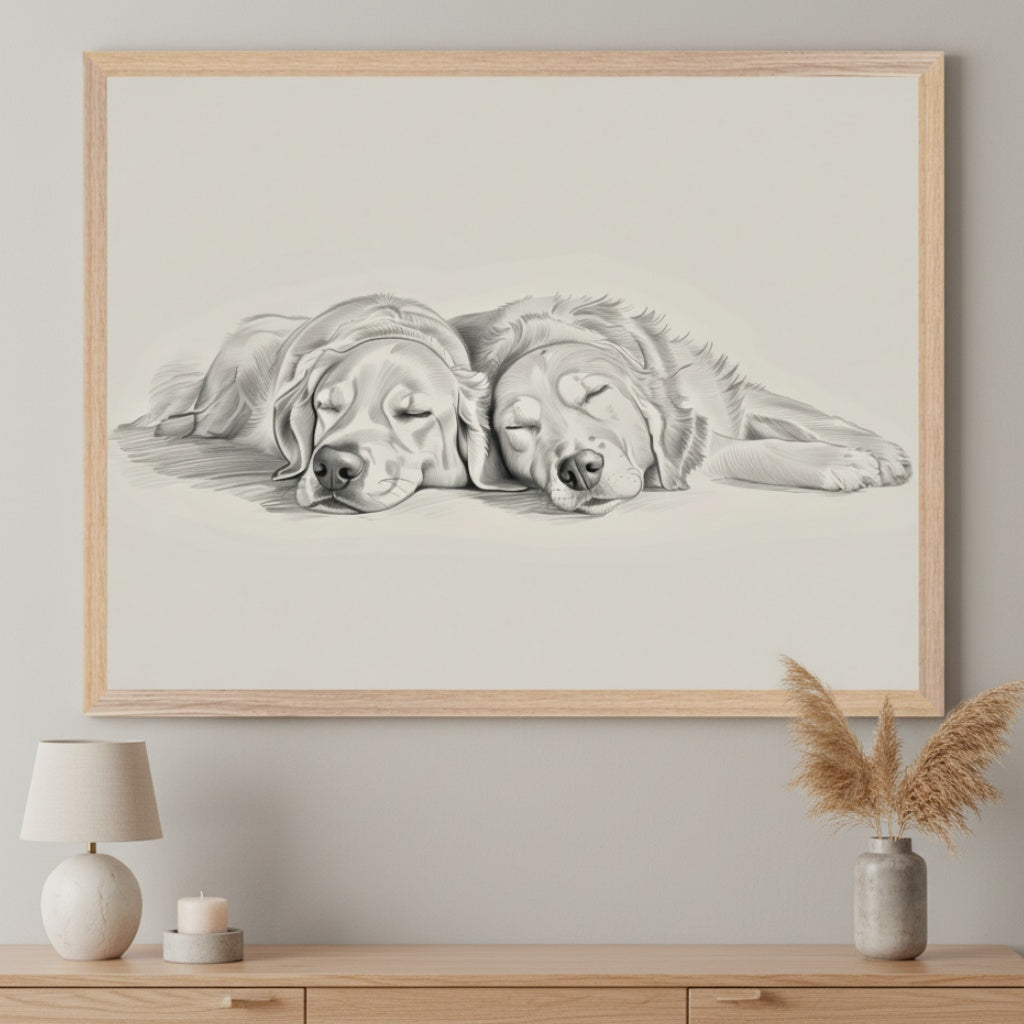 Modern living room with a light wood console table. A large framed pencil drawing of two sleeping golden retrievers hangs centered above the table. A lamp and dried grass vase are on the table.
