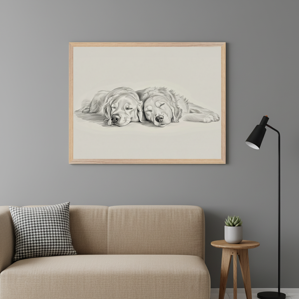 Modern living room with a gray wall and a beige sofa. A framed pencil sketch of two sleeping golden retriever dogs hangs above the sofa. A black floor lamp and a wooden side table with a plant are to the right.